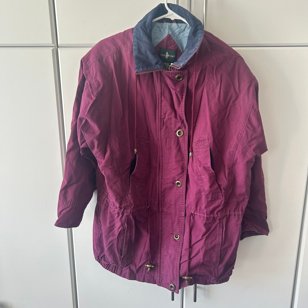 Hunt Club Vintage Burgundy Canvas Barn Jacket Medium Navy Blue Denim Lined Coat